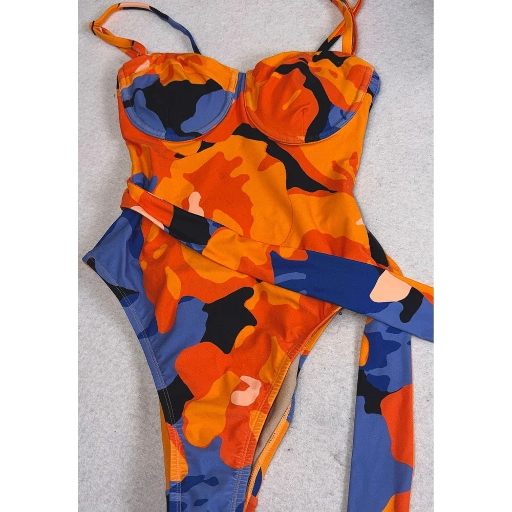 Tabitha Brown Target One Piece Swimsuit Size‎ S Orange Blue Belted Tie Print